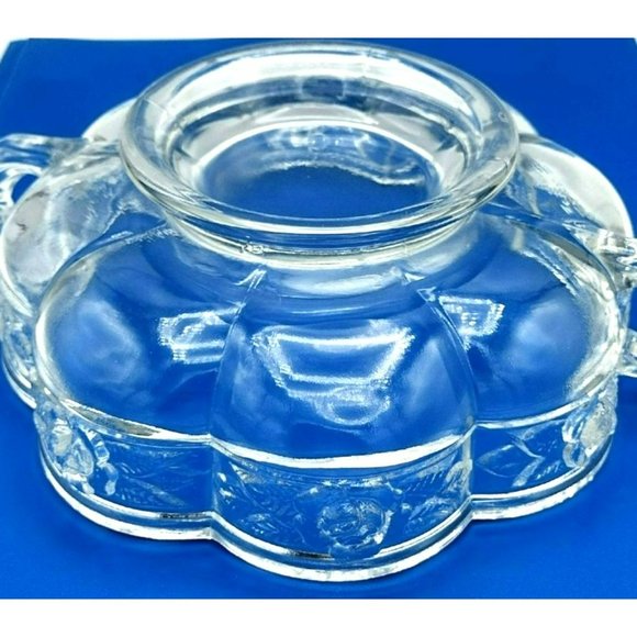 Pressed Glass Dish Bowl Embossed Roses Ornate Handles Vintage Pedestal Bottom - Picture 12 of 15